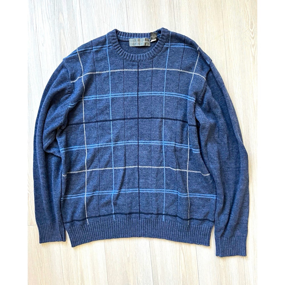 Oscar de la Renta Men's Navy Grid Texture Knit Crewneck Sweater Sz XL 90s
